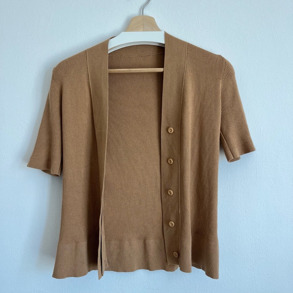 Button Front Half Sleeve Ribbed Knit Cardigan Top